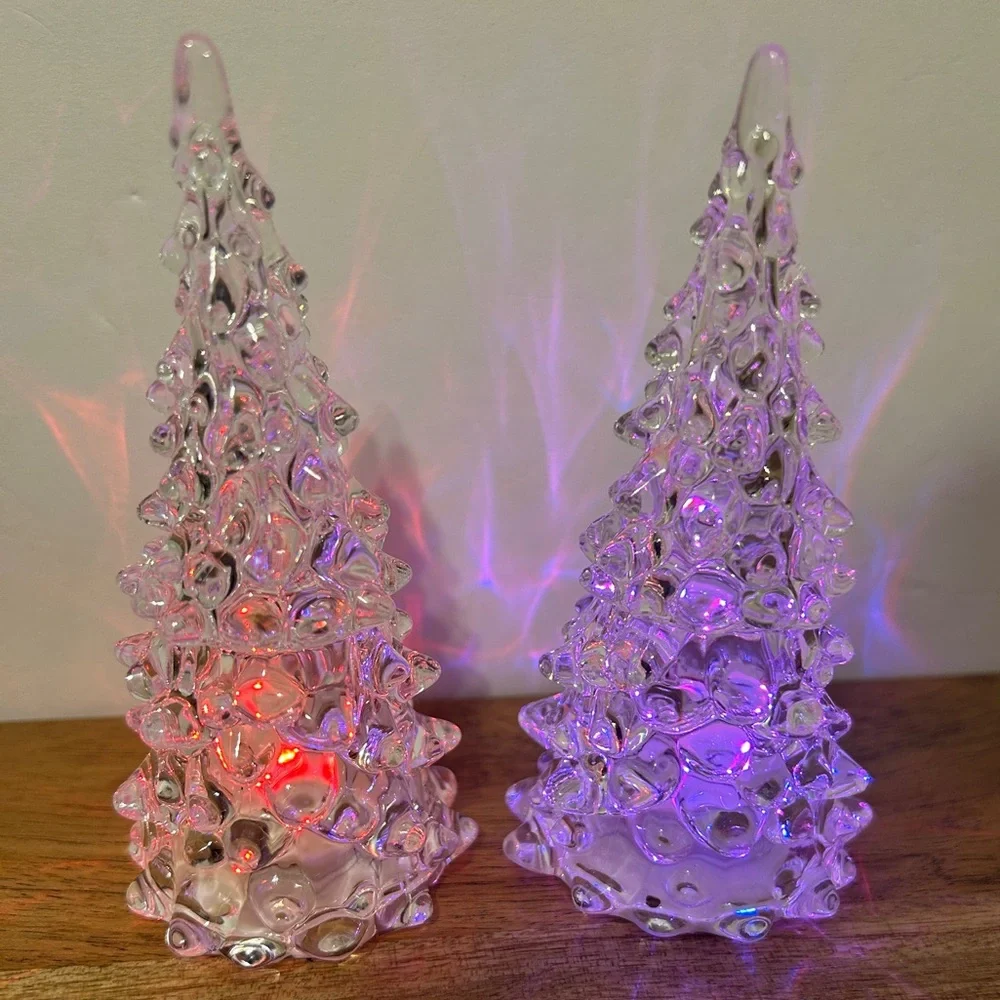 NEW Set of 2 Clear Plastic Light Up Christmas Trees Color Changes 4.5”